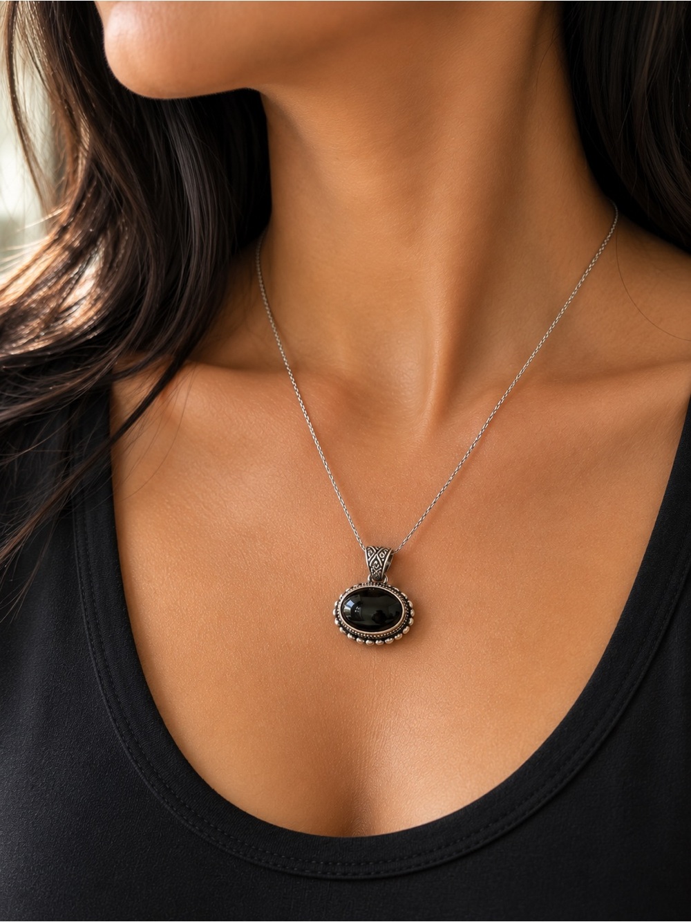 Sterling Silver 925 Bali Style Black Onyx Pendant